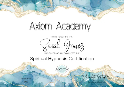 certificate-spiritual-hypnosis-certification Charlotte Mather who runs the Hypnotherapy training at Axiom is pictured. She is a white female with long blonde hair, laughing as she points towards the camera. Charlotte is wearing a white Jacket with black and white writing and a black top.